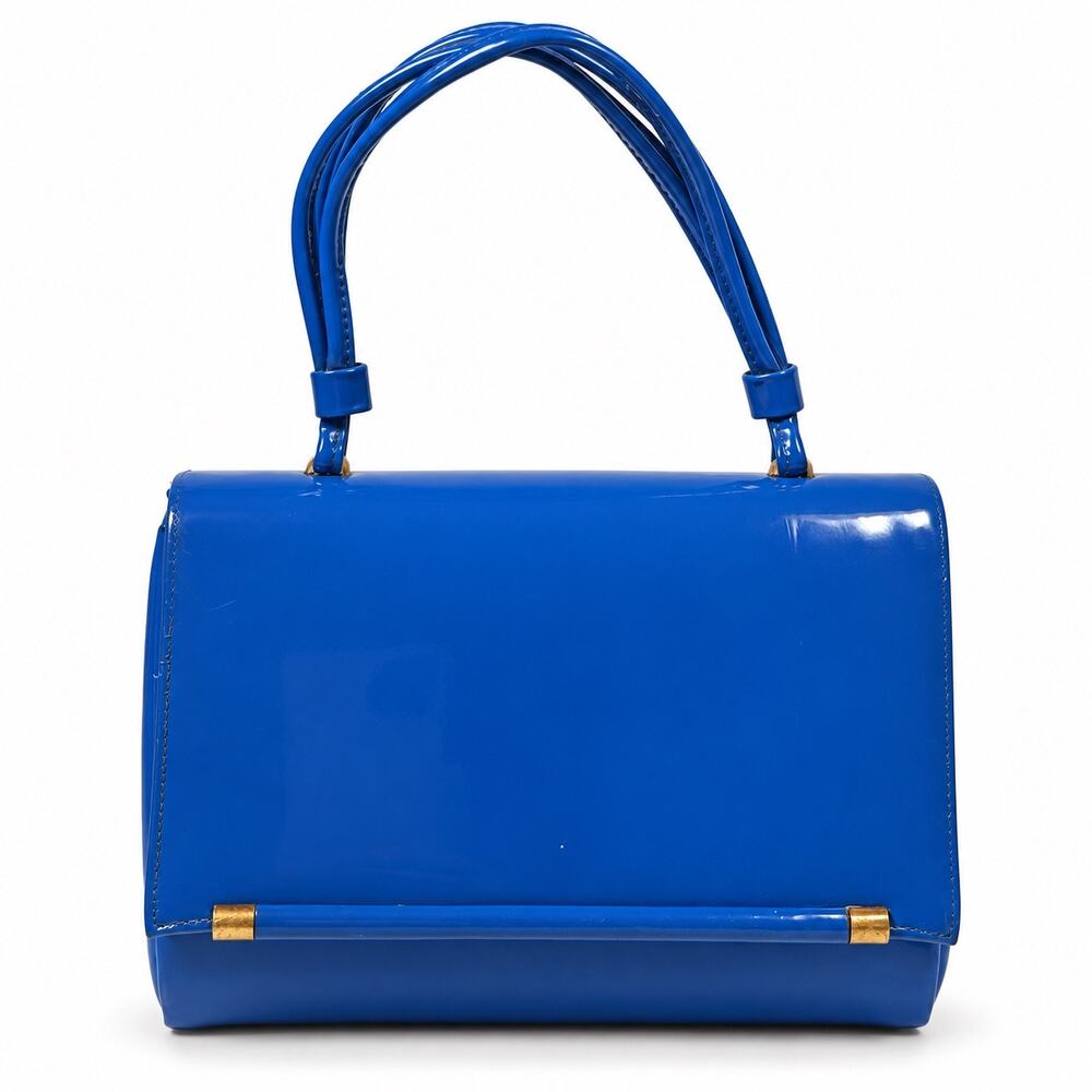 SIS Structured Patent Handbag Satchel Cobalt Blue Gold Hardware Womens Vintage